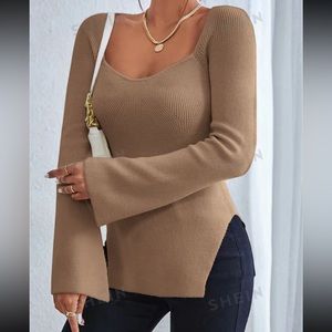 Sweetheart Neck Split Hem Sweater